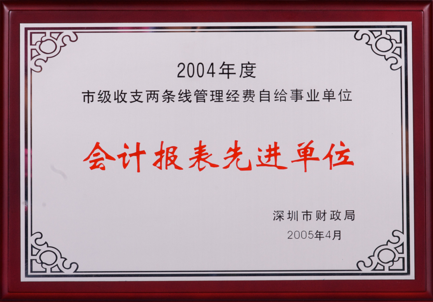 深圳市财政局—2004年度会计报表先进单位